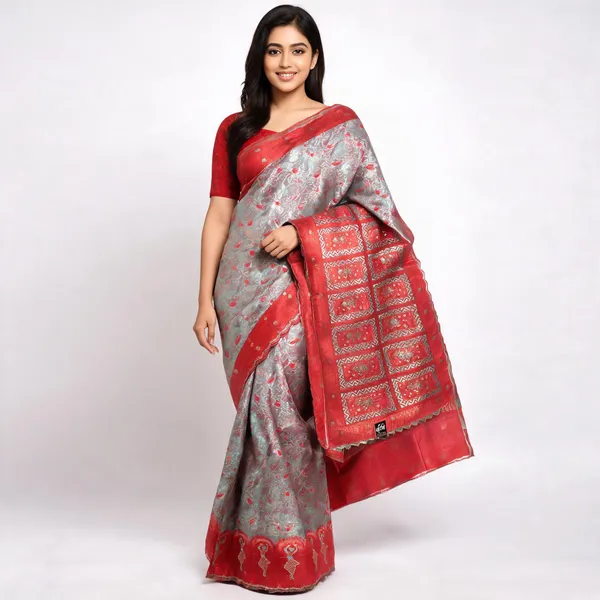 Grey_And_Red_Banarasi_Saree_For_Women