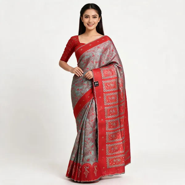 Grey_And_Red_Banarasi_Saree_For_Women
