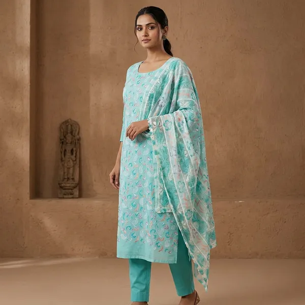 Light_Blue_Pure_Cotton_With_Chikankari_Work_Kurti_Set_For_Women