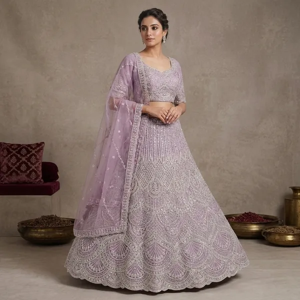 Light_Purple_Full_Hand_Work_With_Net_Lehenga_For_Women