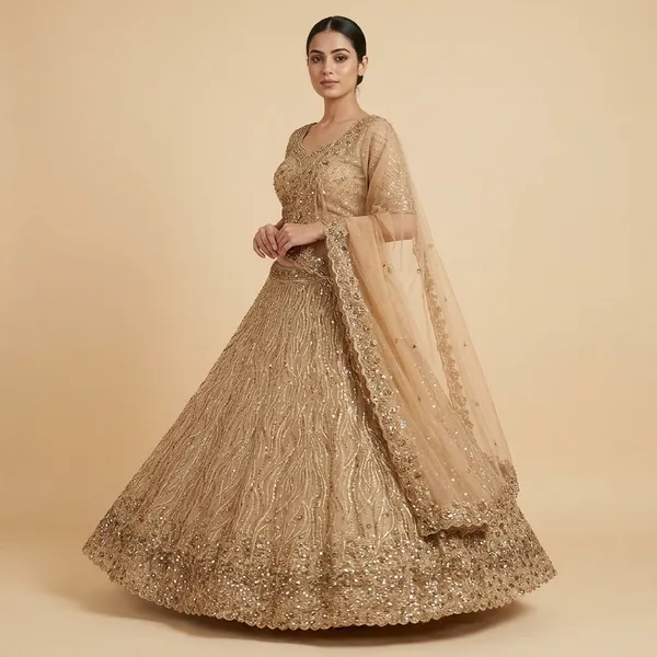 Golden_Full_Hand_Work_With_Net_Lehenga_For_Women