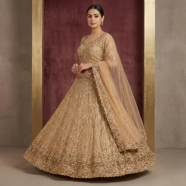 Golden_Full_Hand_Work_With_Net_Lehenga_For_Women