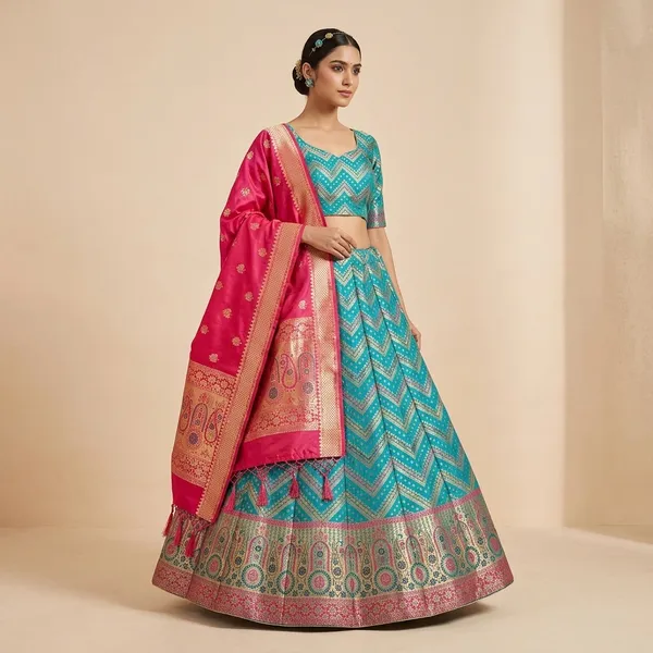 Pink_And_Blue_Silk_Banarasi_Lahnga_Lehenga_For_Women
