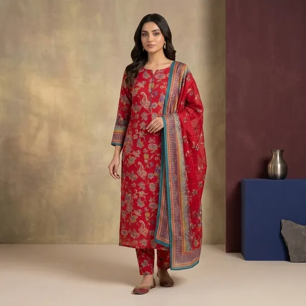 Red_Cotton_Unstitched_Suit_For_Women