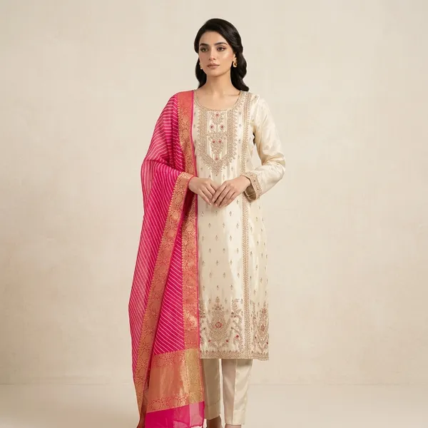 Ivory_White_Silk_Fabric_Thread_Work_With_Lahariya_Dupatta_Kurti_Set_For_Women