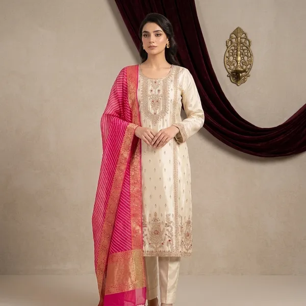 Ivory_White_Silk_Fabric_Thread_Work_With_Lahariya_Dupatta_Kurti_Set_For_Women