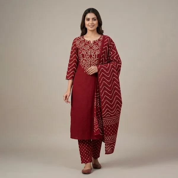 Dark_Red_Pure_Cotton_Kurti_Set_For_Women