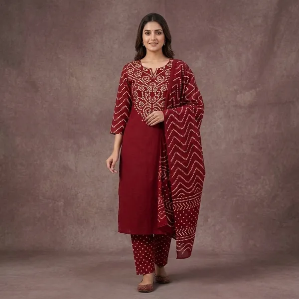 Dark_Red_Pure_Cotton_Kurti_Set_For_Women