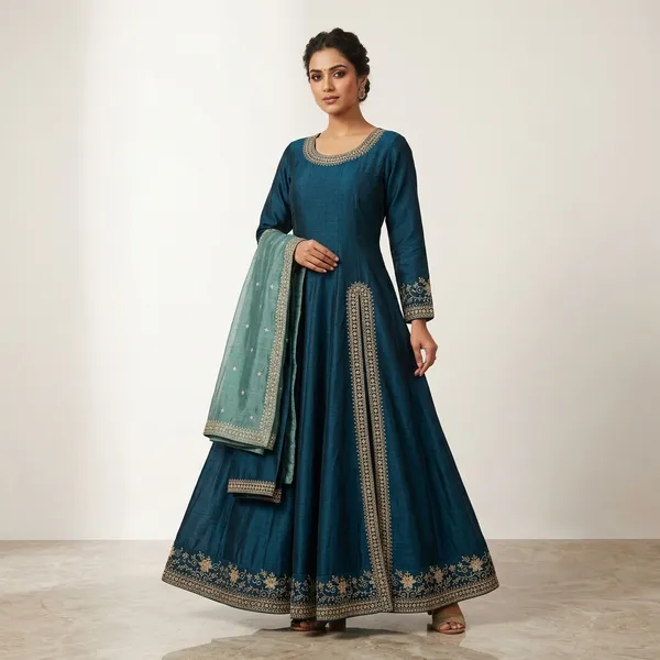 Blue_Vichitra_Fabrics_With_Work_Dupatta_Kurti_Set_For_Women