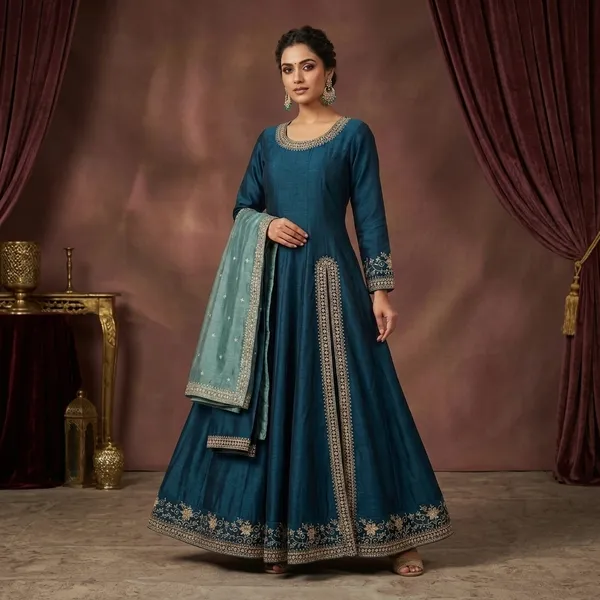 Blue_Vichitra_Fabrics_With_Work_Dupatta_Kurti_Set_For_Women