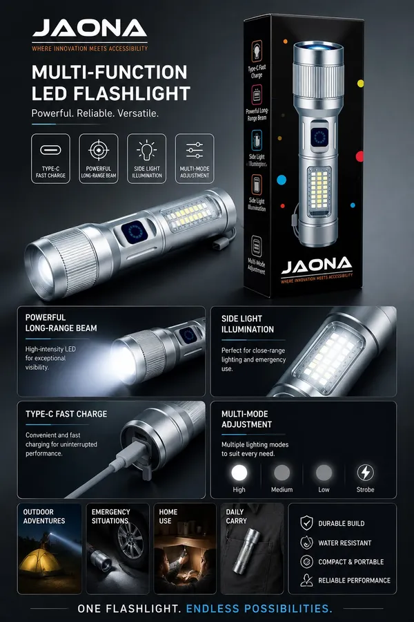 Jaona_Silver_Multi-Function_Rechargeable_Led_Flashlight