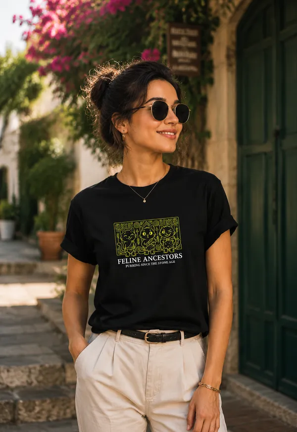 Women's_Regular_Fit_Black_t-shirt_with_Graphic_Print_'Feline_Ancestor_Purring_Since_the_Stone_Age'