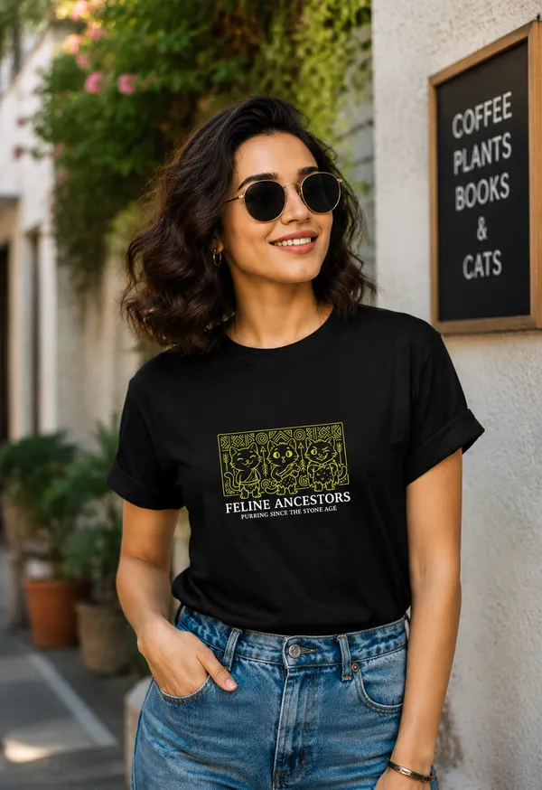 Women's_Regular_Fit_Black_t-shirt_with_Graphic_Print_'Feline_Ancestor_Purring_Since_the_Stone_Age'