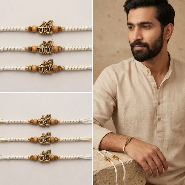White_And_Yellow_Thread_Rakhi_With_Golden_Hamsa_Charm_Pack_Of_3
