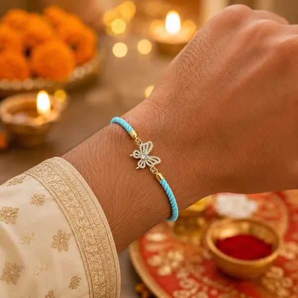 Turquoise_Cord_Gold_Toned_Butterfly_Charm_Rakhi