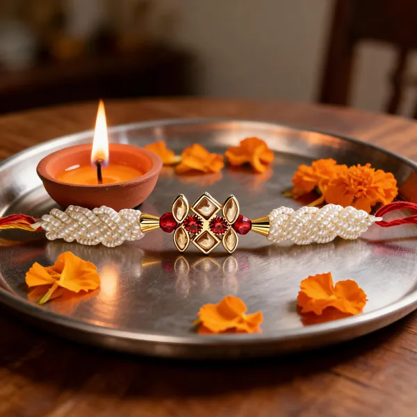 Pearl_Beaded_Golden_Floral_Rakhi_With_Red_Stones