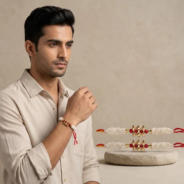 Pearl_Beaded_Golden_Floral_Rakhi_With_Red_Stones