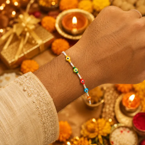Multicolor_Evil_Eye_Beaded_White_Thread_Rakhi_Pack_Of_5
