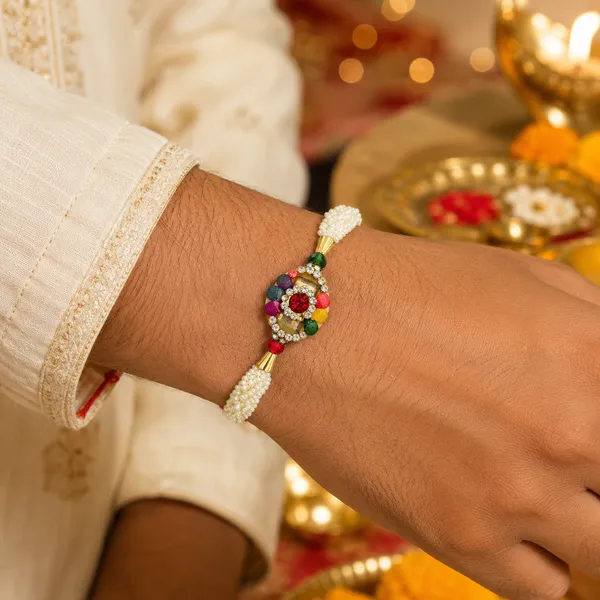 White_Beaded_Multicolor_Stone_Rakhi_With_Red_Thread