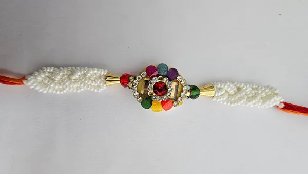 White_Beaded_Multicolor_Stone_Rakhi_With_Red_Thread