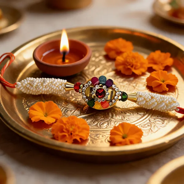 White_Beaded_Multicolor_Stone_Rakhi_With_Red_Thread