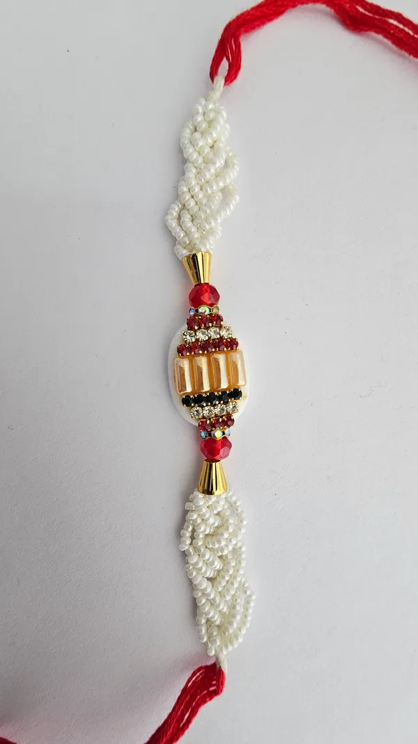 White_Pearl_Beaded_Rakhi_With_Red_Thread