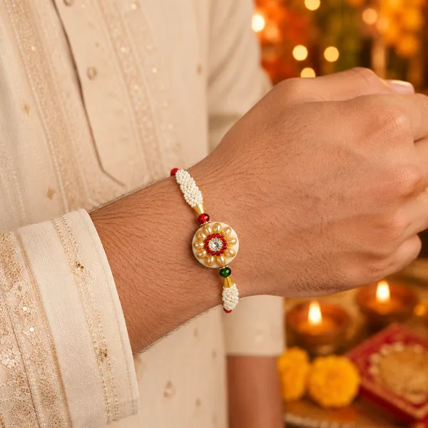 Pearl_Beaded_Floral_Rakhi_With_Red_Thread