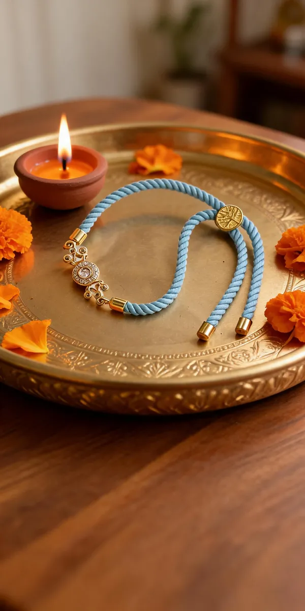 Turquoise_Thread_Gold_Toned_Rakhi_With_Crystal_Charm