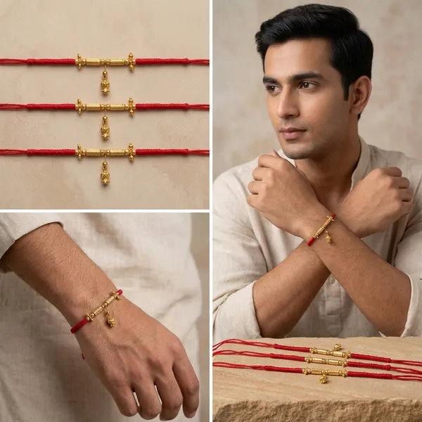 Gold_Plated_Sword_Charm_Red_Thread_Rakhi_Rakhi_Pack_Of_4