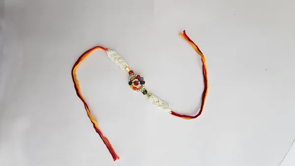 White_Beaded_Multicolor_Stone_Rakhi_With_Red_Thread