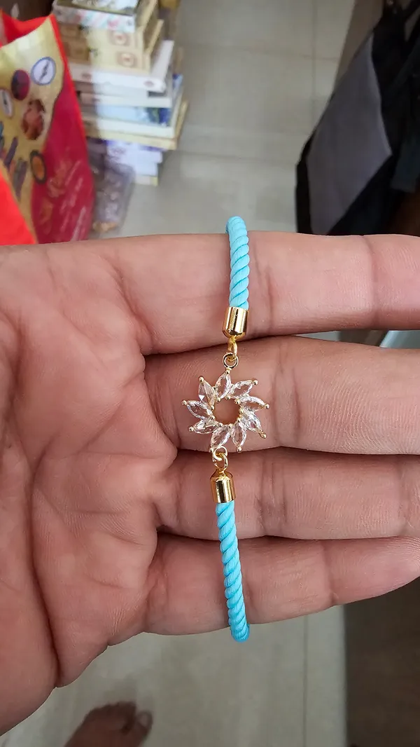 Turquoise_Cord_Gold_Flower_Charm_Rakhi