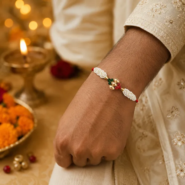 Pearl_Beaded_Gold_Motif_Rakhi_With_Red_Thread