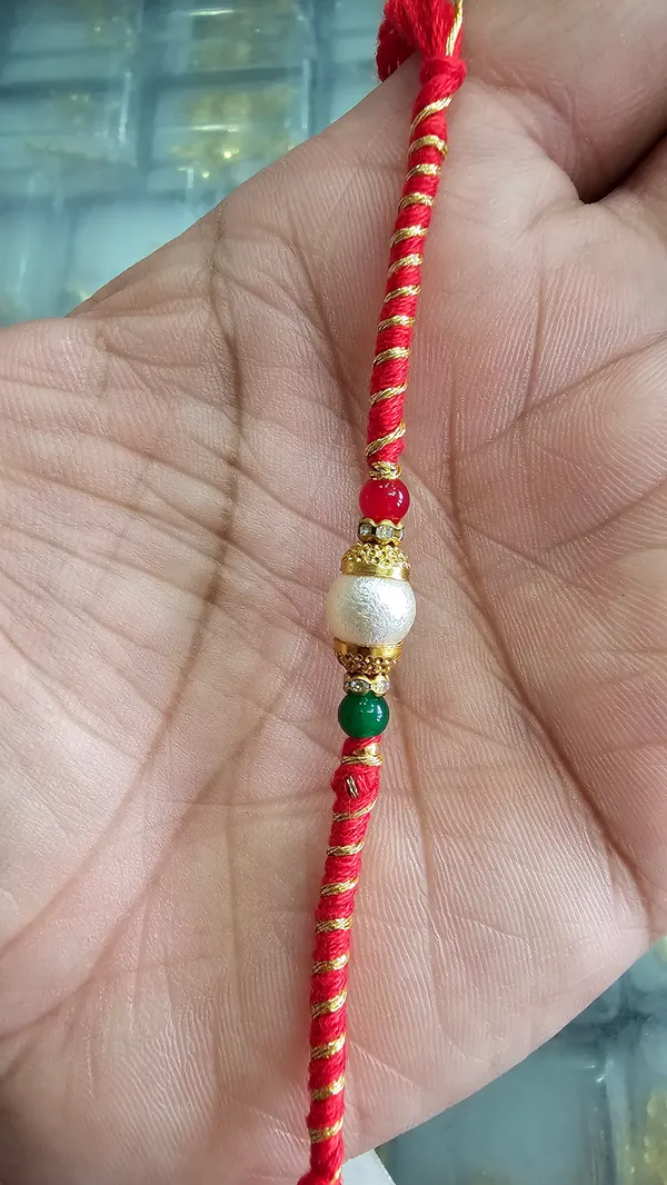 Red_Gold_Thread_Rakhi_With_Pearl_And_Green_Beads_Brother_Pack_Of_6