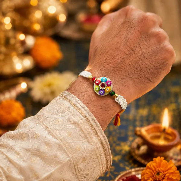 Multicolor_Beaded_Pearl_Rakhi_With_Kundan_Stone