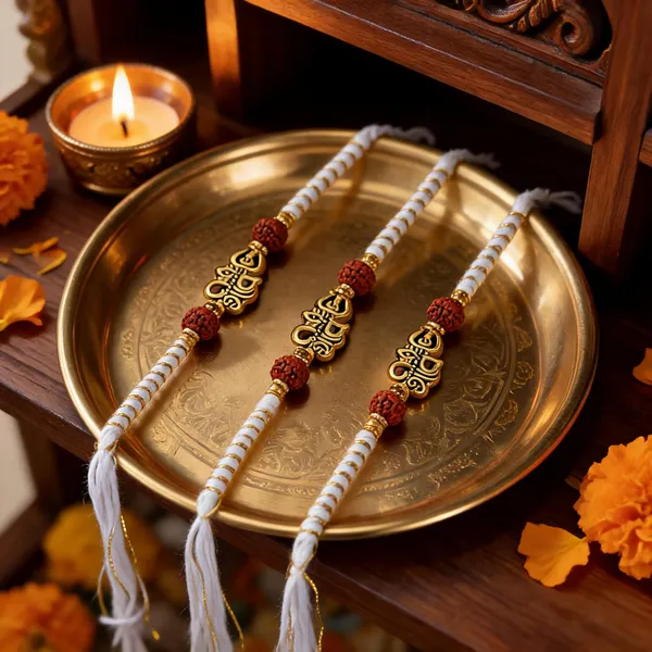 White_Beaded_Rakhi_With_Golden_Centerpiece_Brother_Pack_Of_3