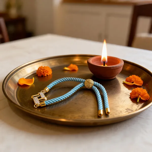 Turquoise_Cord_Gold_Charm_Adjustable_Rakhi