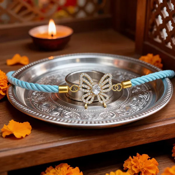 Turquoise_Cord_Gold_Toned_Butterfly_Charm_Rakhi
