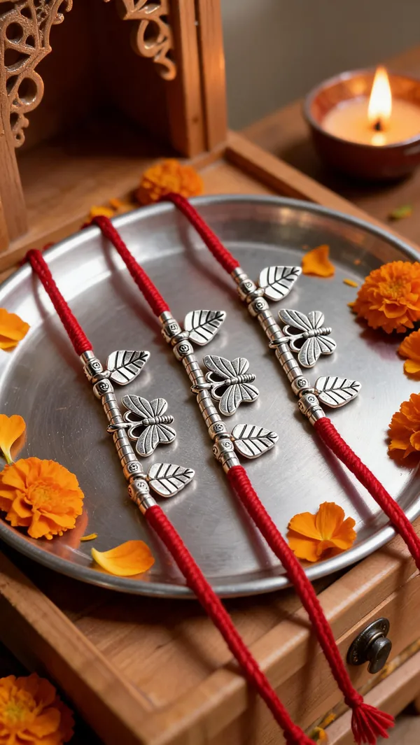 Silver_Leaf_And_Butterfly_Charm_Rakhi_With_Red_Thread_Pack_Of_3