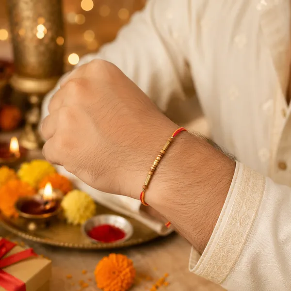 Orange_Red_Thread_Rakhi_With_Golden_Beads_Pack_Of_6