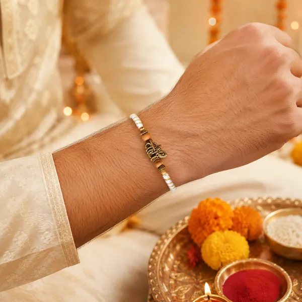 White_Beaded_Rakhi_With_Golden_Centerpiece_Brother_Pack_Of_3