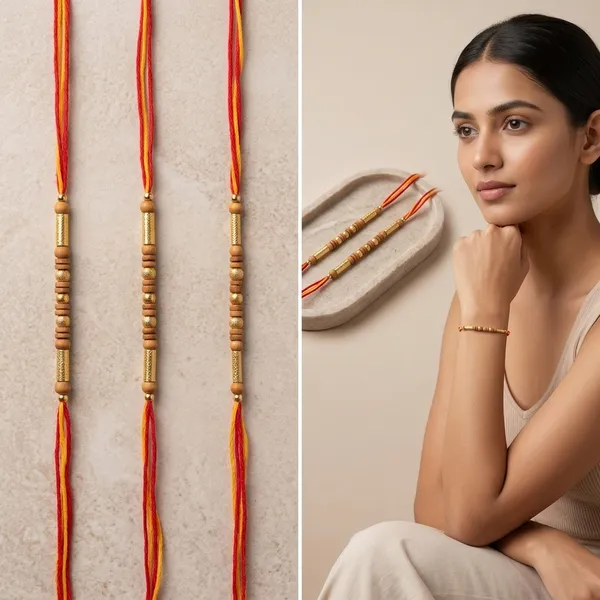 Orange_Red_Thread_Rakhi_With_Golden_Beads_Pack_Of_6