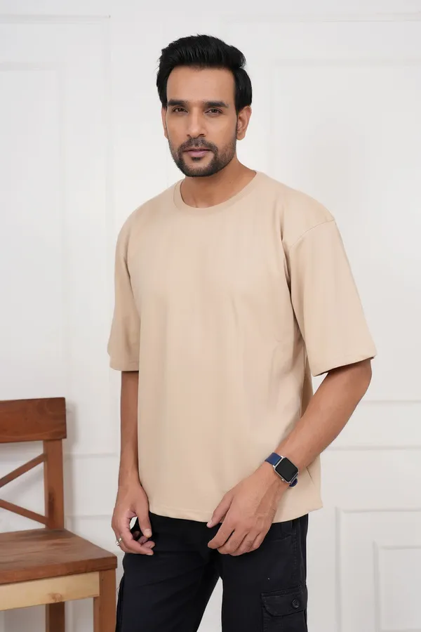 Beige_Solid_Round_Neck_T-Shirt_For_Men