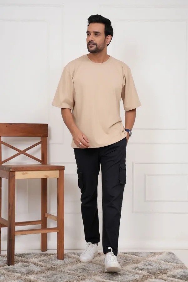 Beige_Solid_Round_Neck_T-Shirt_For_Men