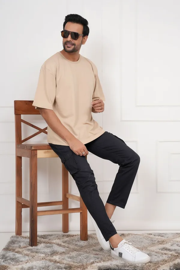 Beige_Solid_Round_Neck_T-Shirt_For_Men
