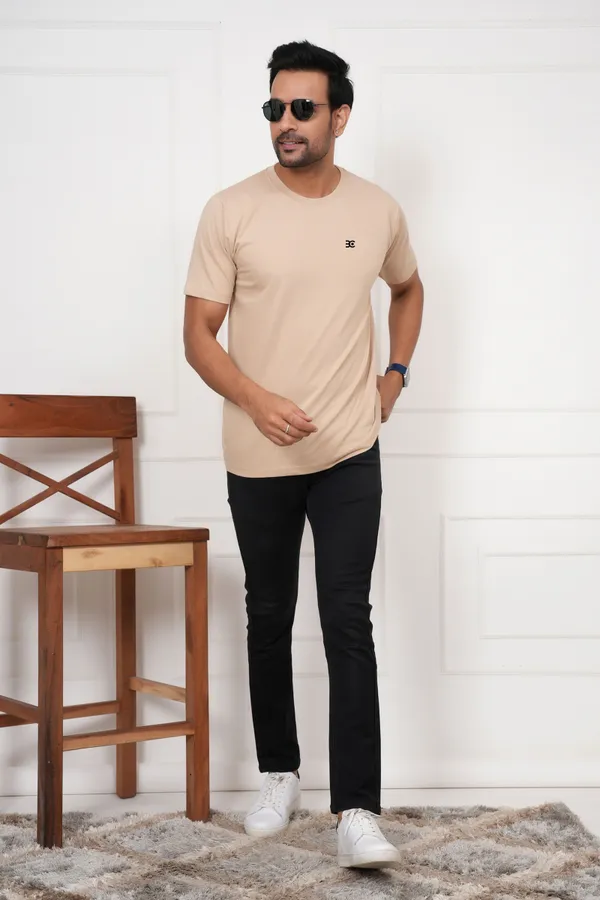 Beige_Solid_Round_Neck_T-Shirt_For_Men