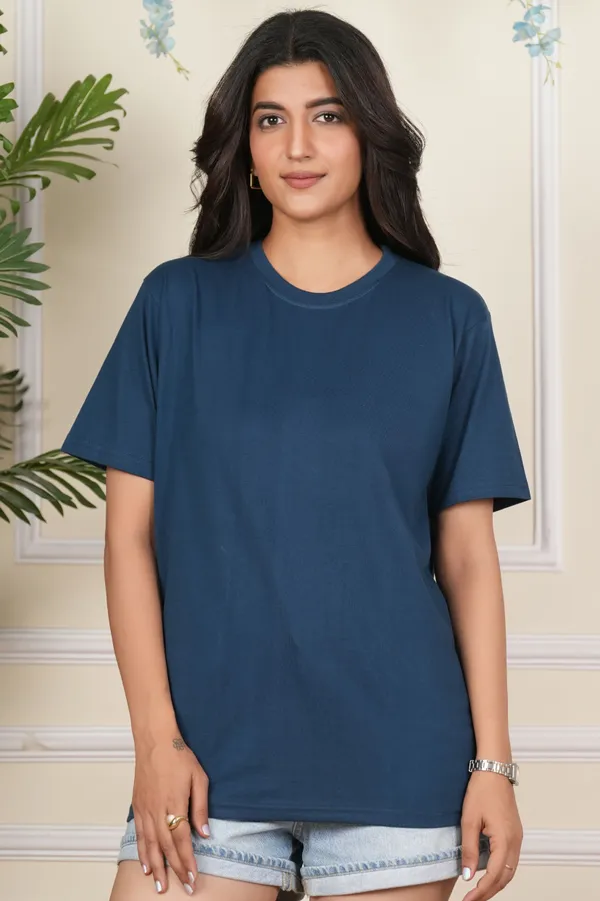 Dark_Blue_And_Blue_Solid_Round_Neck_T-Shirt_For_Women