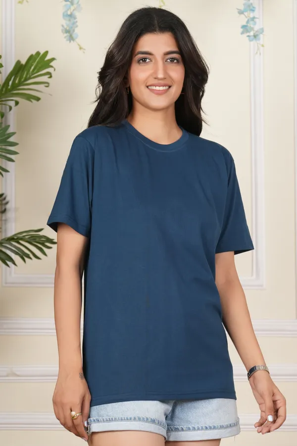 Dark_Blue_And_Blue_Solid_Round_Neck_T-Shirt_For_Women