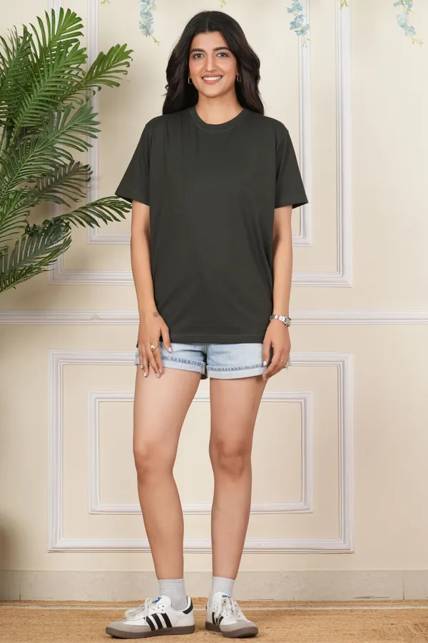 Dark_Green_Solid_Round_Neck_T-Shirt_For_Women