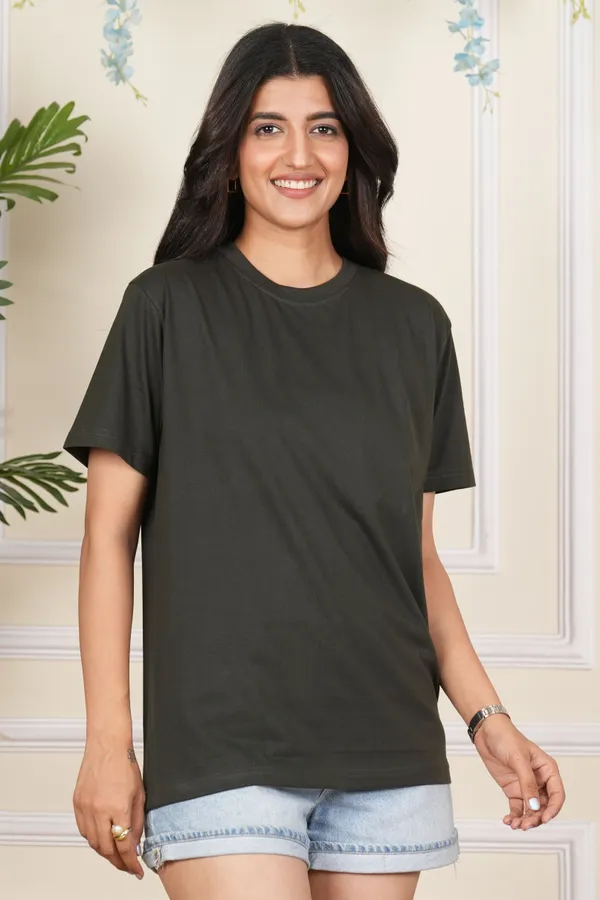 Dark_Green_Solid_Round_Neck_T-Shirt_For_Women
