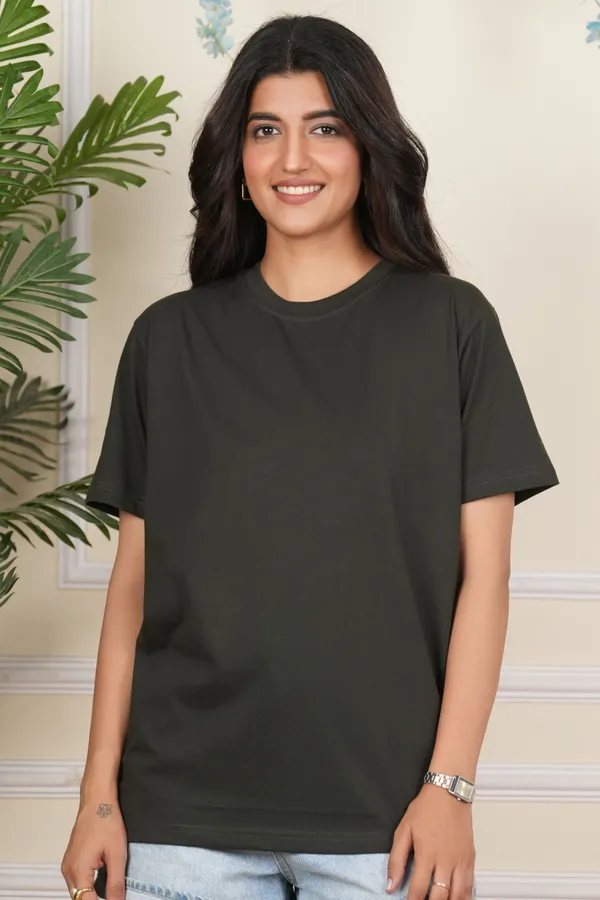 Dark_Green_Solid_Round_Neck_T-Shirt_For_Women